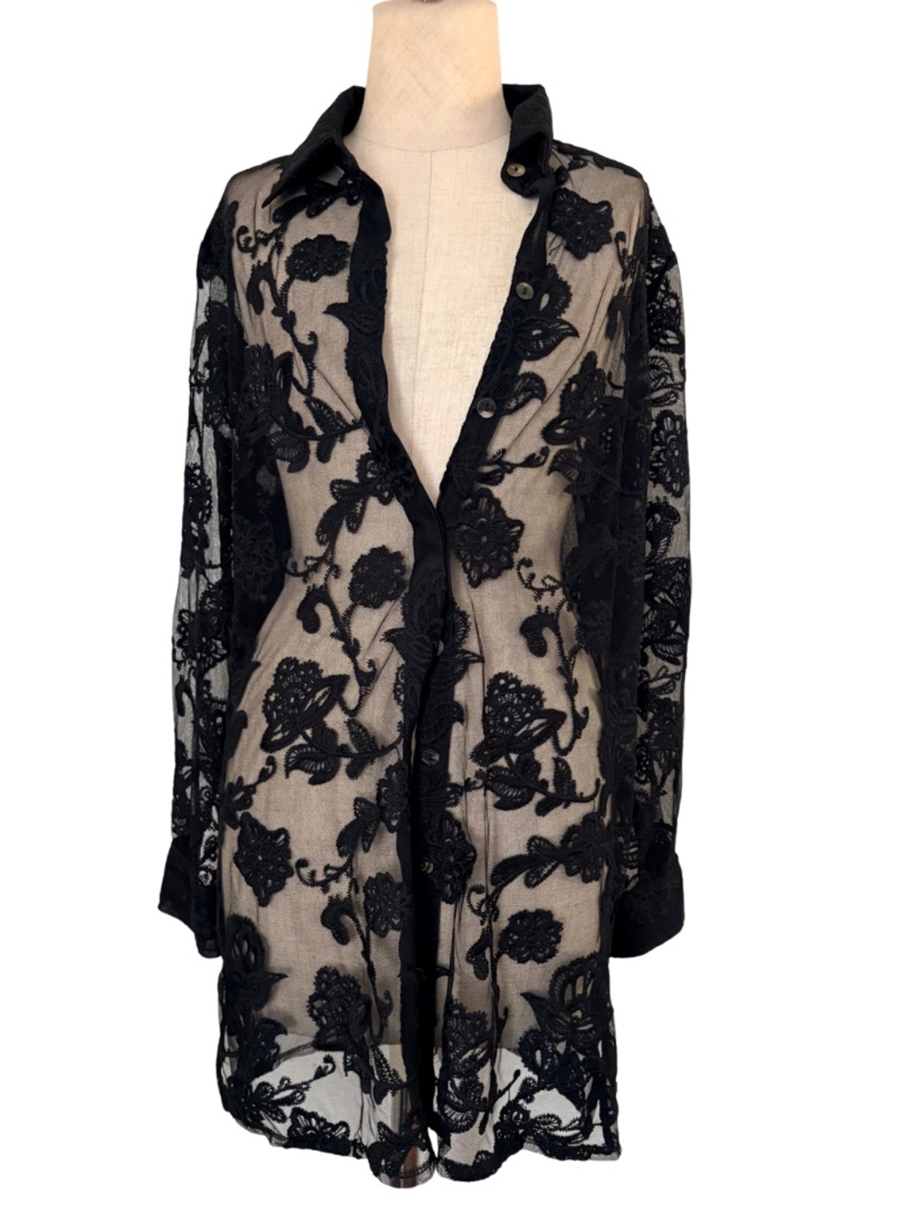 Chico's Sheer Black Mesh Embroidered Floral Button-Up Collared Blouse 0 Boho